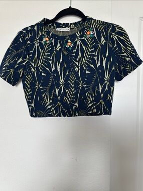 Zara Navy & Cream Leaf-Print Cropped Knit Top with Coral Bead Accents